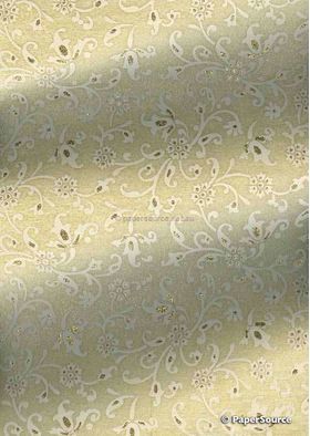 Chiffon Print | Glam Champagne Ivory Chiffon with White and Gold Glitter floral and paisley pattern, A4 - curled | PaperSource