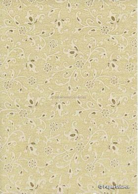Chiffon Print | Glam Champagne Ivory Chiffon with White and Gold Glitter floral and paisley pattern, A4 | PaperSource