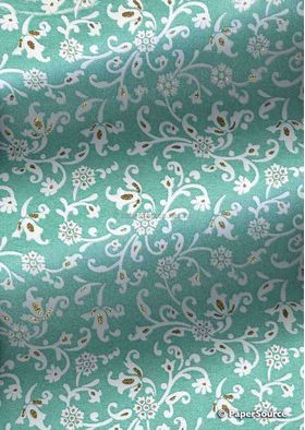 Chiffon Print | Glam Aqua Green Chiffon with White and Gold Glitter floral and paisley pattern, A4 - curled | PaperSource