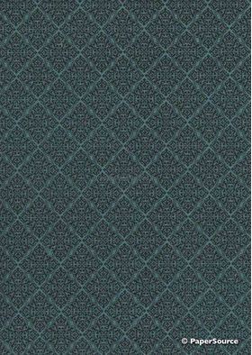 Chiffon Print | Baroque Teal Green Blue Chiffon with Black Damask Print, A4 | PaperSource