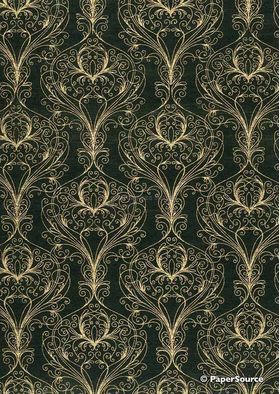 Chiffon Print | Peacock Black Chiffon with Gold Damask Feather pattern, A4 | PaperSource