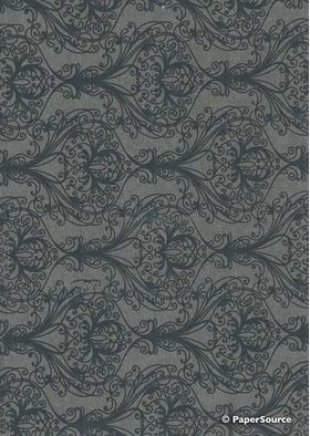 Chiffon Print | Peacock Charcoal Grey Chiffon with Deep Charcoal Grey Damask Feather pattern, A4 | PaperSource