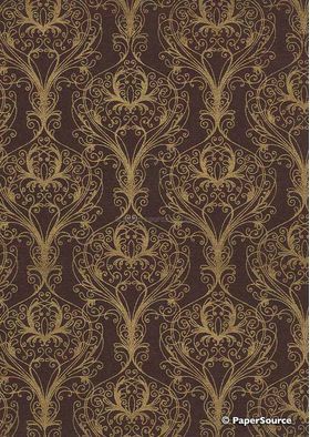 Chiffon Print | Peacock Claret Deep Maroon Chiffon with Gold Damask Feather pattern, A4 | PaperSource