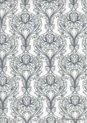 Chiffon Print | Peacock White Chiffon with Charcoal Grey Damask Feather pattern, A4 | PaperSource