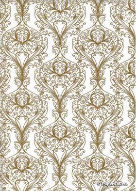 Chiffon Print | Peacock White Chiffon with Gold Damask Feather pattern, A4 | PaperSource