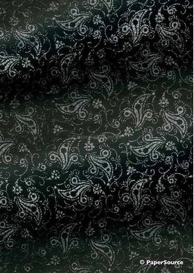Chiffon Print | Bollywood Black Chiffon with Silver and Glitter Floral Print, A4 - curled | PaperSource