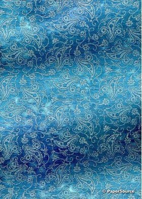 Chiffon Print | Bollywood Peacock Blue Chiffon with Silver and Glitter Floral Print, A4 - curled | PaperSource