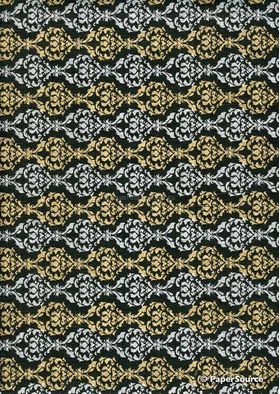Chiffon Print | Regalia Black Chiffon with Bright Gold and Silver Damask pattern, A4 | PaperSource