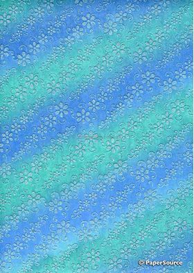Chiffon Print | Ornate Chiffon with Blue and Green bands with Silver Glitter Floral pattern on A4 - curled | PaperSource