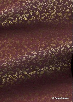 Chiffon Print | Leafage Deep Maroon Chiffon with Gold Flowers and Branches pattern, A4 - curled | PaperSource