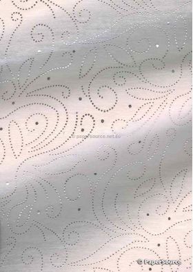 Precious Metal | Flourish Silver raised foil swirl pattern on Baby Pink Chiffon, a sheer shimmery A4 fabric sheet - curled | PaperSource