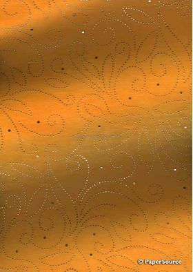 Precious Metal | Flourish Gold raised foil swirl pattern on Orange Chiffon, a sheer shimmery A4 fabric sheet - curled | PaperSource