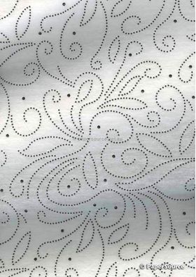 Precious Metal | Flourish Black raised foil swirl pattern on White Chiffon, a sheer shimmery A4 fabric sheet - curled | PaperSource