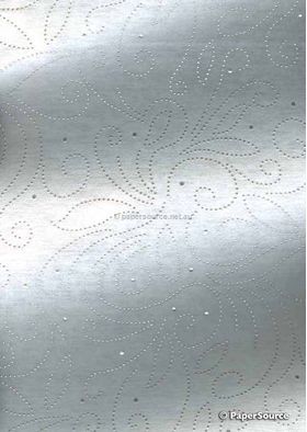 Precious Metal | Flourish Silver raised foil swirl pattern on White Chiffon, a sheer shimmery A4 fabric sheet  - curled| PaperSource