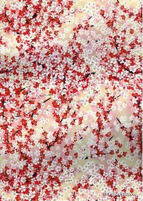 Japanese Chiyogami | Floral 04, Red, Pink and White Blossom on Pink and Cream background with Gold highlights. A Small Sheet, Washi Yuzen Handmade Paper | PaperSource