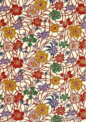 Japanese Chiyogami Katazome Floral 2 Small Sheet, Colourful Flowers and Boughs. A Washi Yuzen Handmade Paper | PaperSource