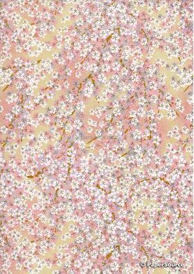 Chiyogami | Floral 02 White Blossoms on shades of Pink background with Gold highlights. A Small Sheet, Washi Yuzen Handmade Paper | PaperSource