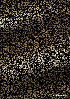 Chiyogami | Floral 47 Japanese handmade, screen printed paper with gold blossoms on black background-curled | PaperSource