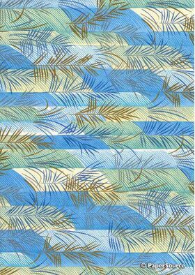Chiyogami | Leaf 04 Japanese handmade, screen printed paper with fronds in blue and gold on striped blue, green and lemon background | PaperSource