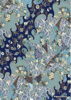 Chiyogami | Panorama 07 Japanese handmade, screen printed paperr with navy and aqua blue waves and swirls and small white flowers outlined in gold | PaperSource