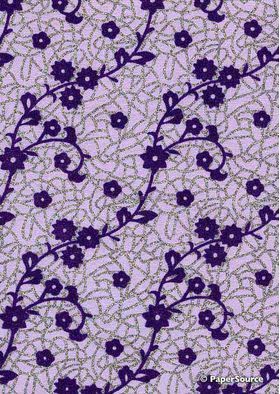 Suede Bling | Floral Cobweb Purple Flocked pattern with Silver Glitter on Lilac Handmade, Recycled A4 Cotton Paper | PaperSource