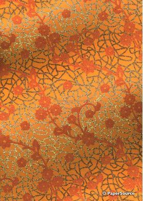 Suede Bling | Floral Cobweb Orange Flocked pattern with Gold Glitter on Orange Handmade, Recycled Cotton A4 Paper | PaperSource