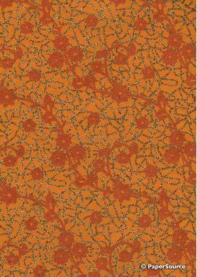 Suede Bling | Floral Cobweb Orange Flocked pattern with Gold Glitter on Orange Handmade, Recycled Cotton A4 Paper | PaperSource