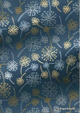 Patterned Dandelion | Gold and Silver print on a Teal Blue handmade with glitter highlights, recycled paper-curled | PaperSource