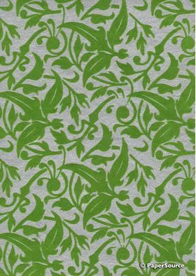 Suede Leafy Vine | Leaf Green Flocking on Silver Metallic Cotton, handmade, recycled A4 paper | PaperSource