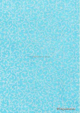 Suede Rococo | White Flocking on Aqua Blue Cotton, handmade, recycled A4 paper | PaperSource