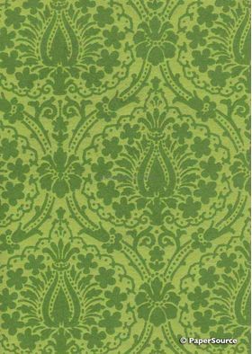 Suede Vintage Daisy | Green Flocked Damask design on Leaf Green Matte Cotton Handmade, Recycled A4 Paper | PaperSource