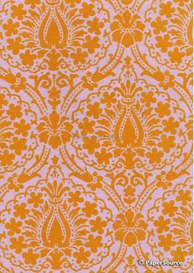 Suede Vintage Daisy | Orange Flocked Damask design on Lilac Matte Cotton Handmade, Recycled A4 Paper | PaperSource
