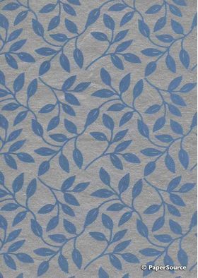 Suede Willow | Blue Flocked Leafy Vine design on Metallic Silver Cotton Handmade, Recycled A4 Paper | PaperSource