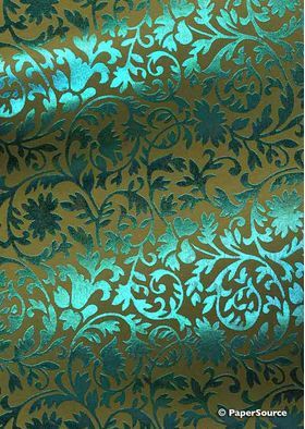 Foil Turquoise on Olive Green Brocade