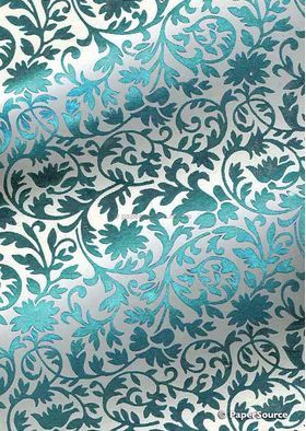 Foil Turquoise on White Brocade