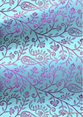 Flat Foil Needlelace | Magenta Pink Foil on Aqua Blue Matte Cotton handmade recycled A4 paper-curled | PaperSource