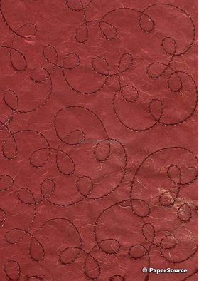 Embroidered Swirl Red stitching on Red Laser SIlk A4 Handmade, Recycled paper | PaperSource