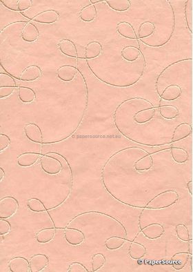 Embroidered Swirl Salmon Pink stitching on Salmon Laser SIlk A4 Handmade, Recycled paper | PaperSource