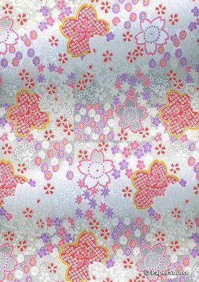 Chiyogami | Floral CLF7 Japanese handmade, screen printed paper Floral Sakura Blossoms, outlined in raised white on a silver background-curled | PaperSource