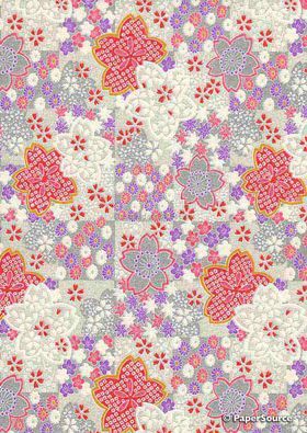 Chiyogami | Floral CLF7 Japanese handmade, screen printed paper Floral Sakura Blossoms, outlined in raised white on a silver background | PaperSource