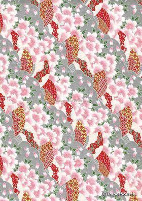 Japanese Chiyogami Luxe A4 Yuzen paper with pink flowers on silver | PaperSource