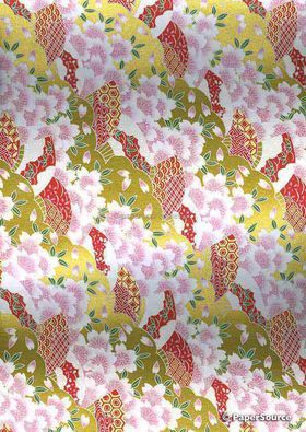 Japanese Chiyogami Luxe A4 Yuzen paper with pink flowers on gold | PaperSource