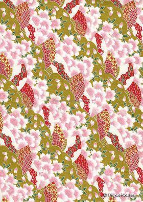 Japanese Chiyogami Luxe A4 Yuzen paper with pink flowers on gold | PaperSource